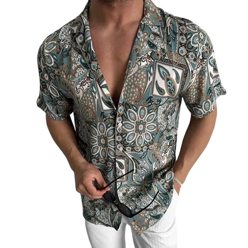 Men's Fashion Paisley Print Lapel Short Sleeve Shirt MTA2539C2Z sold by Manly