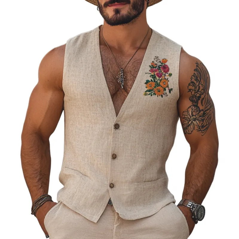Men's Casual Linen Flower Embroidery V-Neck Single Breasted Slim Fit Vest MTA2205C1M sold by Manly