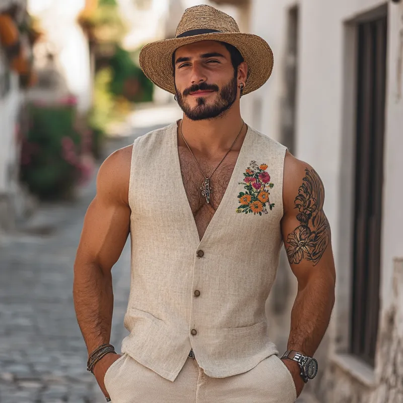 Men's Casual Linen Flower Embroidery V-Neck Single Breasted Slim Fit Vest MTA2205C1M sold by Manly product image thumbnail 3