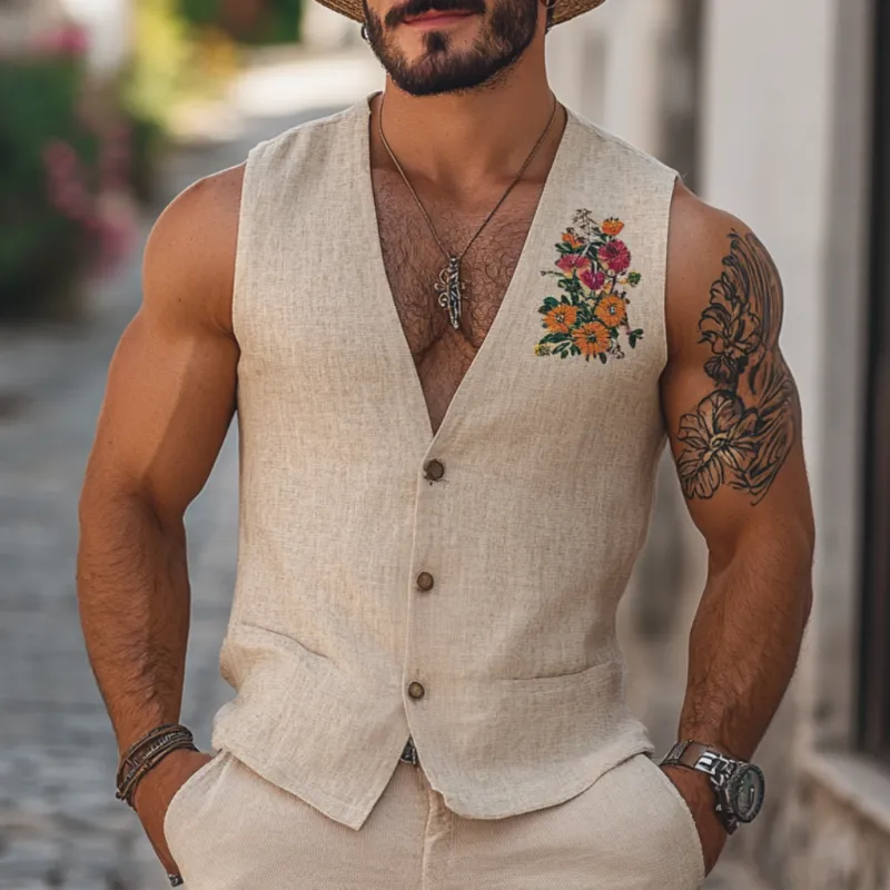 Men's Casual Linen Flower Embroidery V-Neck Single Breasted Slim Fit Vest MTA2205C1M sold by Manly product image thumbnail 2