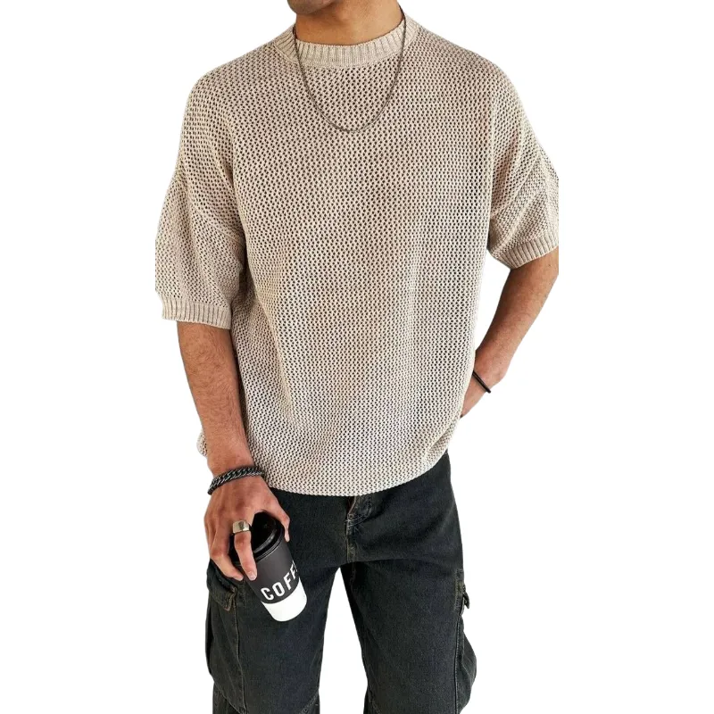 Men's Casual Round Neck Loose Knitted Short Sleeve Sweater T-Shirt MTA2298C9M sold by Manly