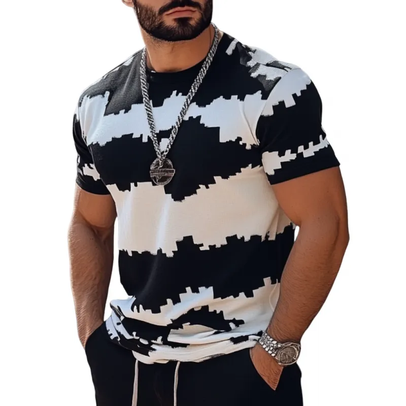 Men's Casual Contrast Color Jacquard Round Neck Slim Fit Knitted Short Sleeve Sweater T-Shirt MTA2451C0M sold by Manly