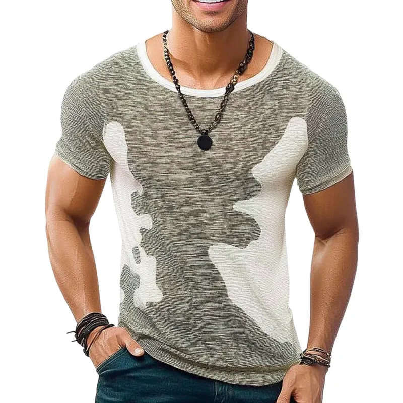 Men's Casual Contrast Color Round Neck Slim Fit Knitted Short Sleeve Sweater T-Shirt MTA2460C5M sold by Manly