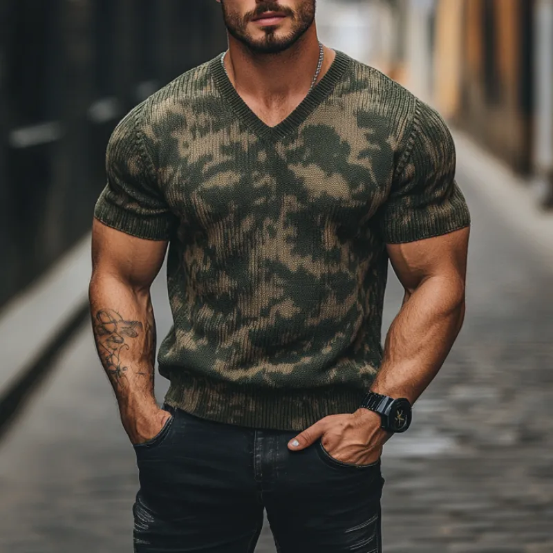 Men's Outdoor Camouflage Jacquard V-Neck Slim Fit Knitted Short Sleeve Sweater T-Shirt MTA2439C1M sold by Manly product image thumbnail 2