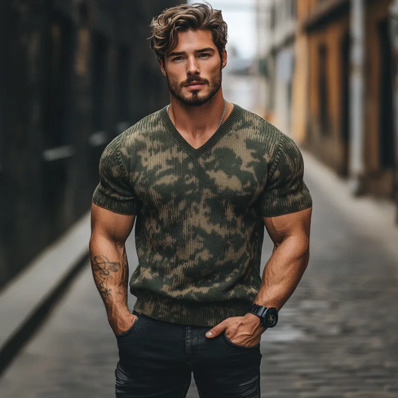 Men's Outdoor Camouflage Jacquard V-Neck Slim Fit Knitted Short Sleeve Sweater T-Shirt MTA2439C1M sold by Manly product image thumbnail 3