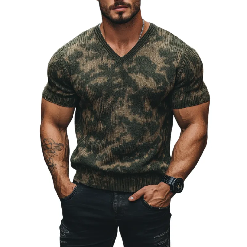 Men's Outdoor Camouflage Jacquard V-Neck Slim Fit Knitted Short Sleeve Sweater T-Shirt MTA2439C1M made by Manly
