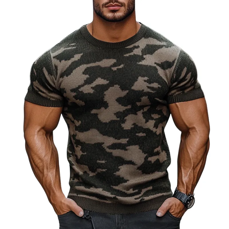 Men's Outdoor Camouflage Jacquard Round Neck Slim Fit Knitted Short Sleeve Sweater T-Shirt MTA2483C5M sold by Manly