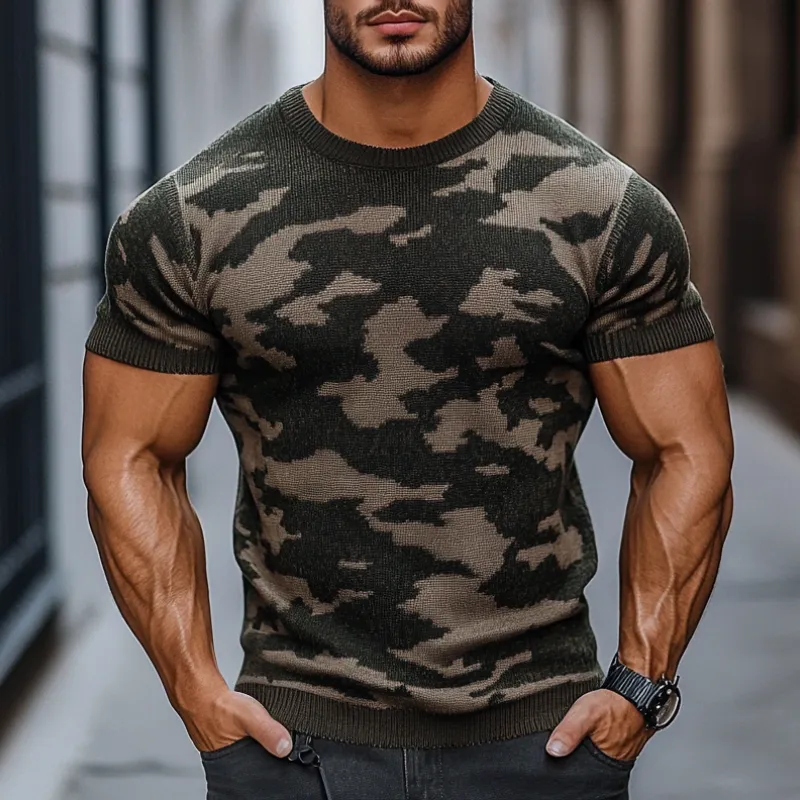 Men's Outdoor Camouflage Jacquard Round Neck Slim Fit Knitted Short Sleeve Sweater T-Shirt MTA2483C5M sold by Manly product image thumbnail 2