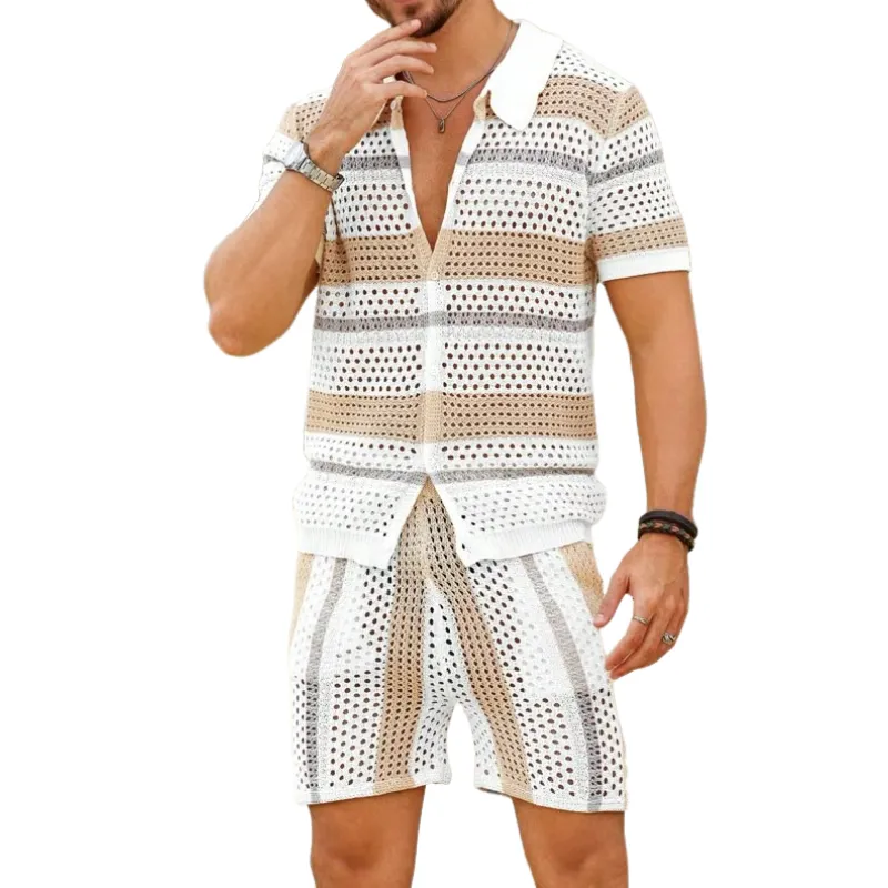 Men's Casual Lapel Single-Breasted Loose Cardigan Elastic Waist Shorts Striped Hollow Knit Set MTA2227C1M sold by Manly