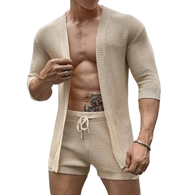 Men's Casual Mid-Sleeve Cardigan Elastic Waist Shorts Knitted Set MTA2227C5M sold by Manly product image thumbnail 2