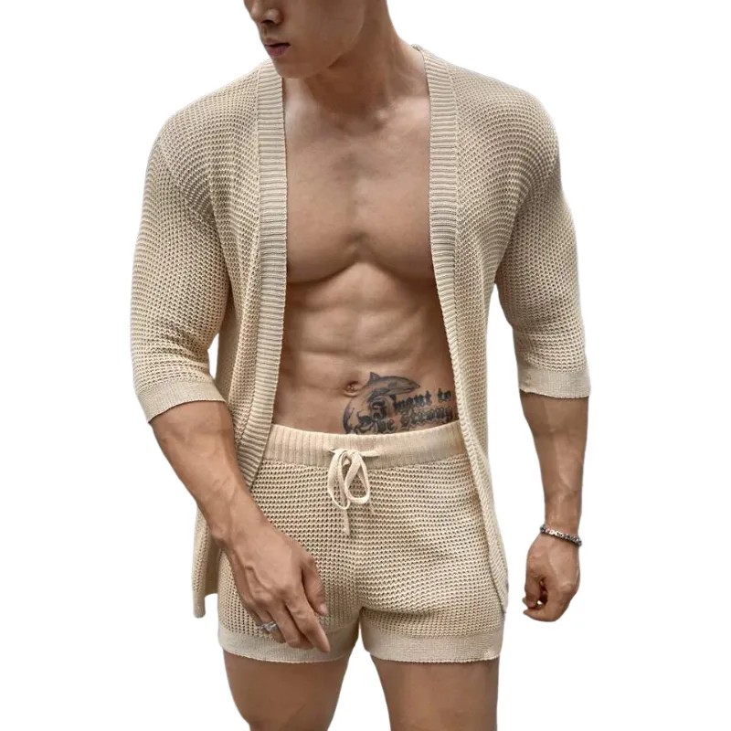 Men's Casual Mid-Sleeve Cardigan Elastic Waist Shorts Knitted Set MTA2227C5M sold by Manly