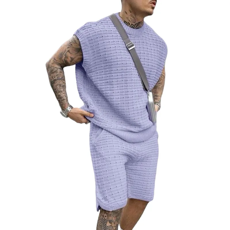 Men's Casual Round Neck Loose Tank Top Elastic Waist Shorts Knitted Set MTA2274C1M sold by Manly