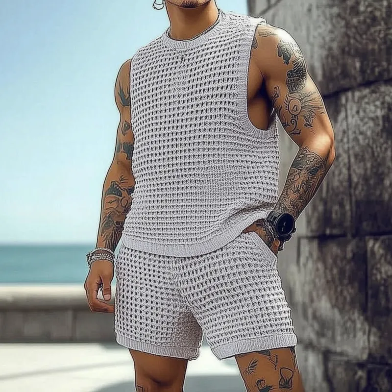 Men's Casual Round Neck Loose Tank Top Elastic Waist Shorts Knitted Set MTA2255C5M sold by Manly product image thumbnail 2