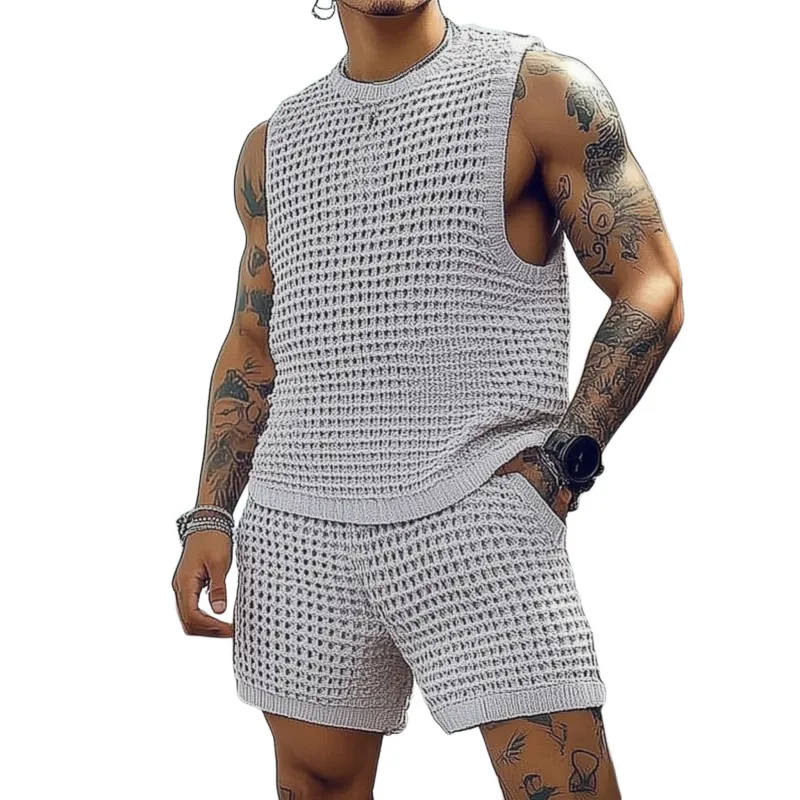 Men's Casual Round Neck Loose Tank Top Elastic Waist Shorts Knitted Set MTA2255C5M sold by Manly