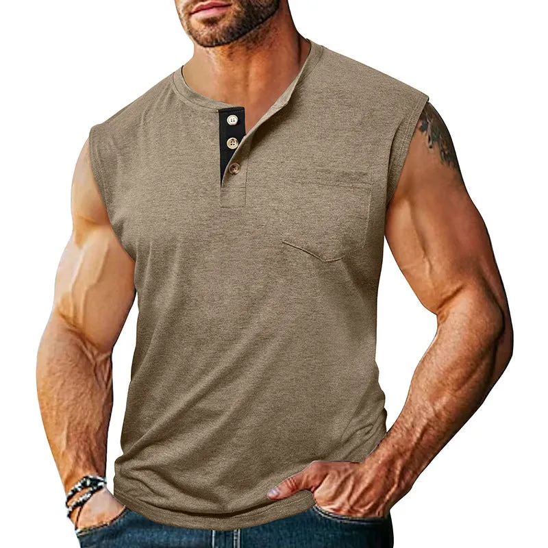 Men's Casual Cotton Blend Contrast Henley Neck Tank Top MTA2018C8X sold by Manly
