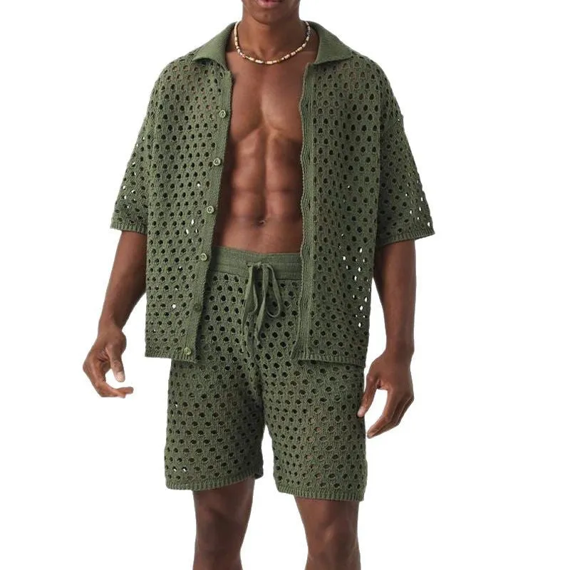 Men's Solid Color Knitted Short-Sleeved Shorts Two-Piece Set MTA2033C4X sold by Manly