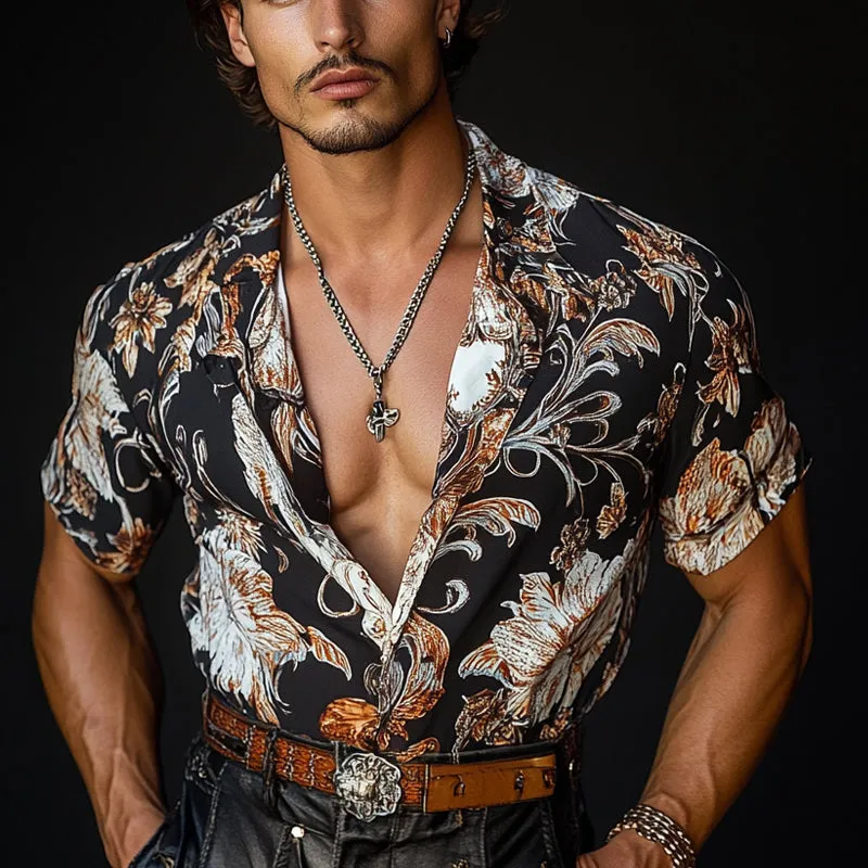 Men's Tropical Floral Print Lapel Short Sleeve Shirt MTA2596C5X sold by Manly product image thumbnail 2