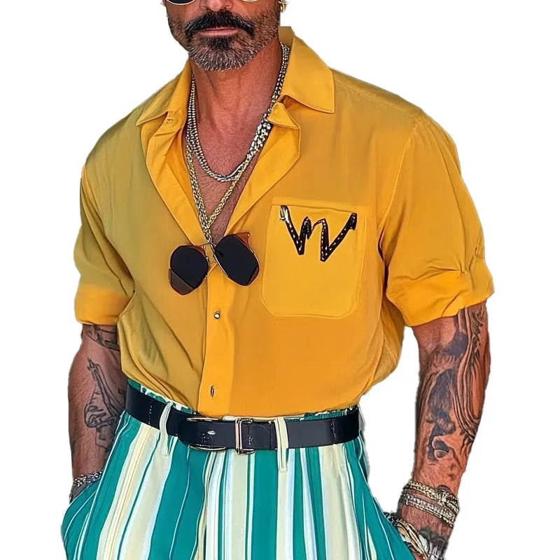 Men's Loose Letter Print Lapel Short Sleeve Shirt MTA2561C9X sold by Manly