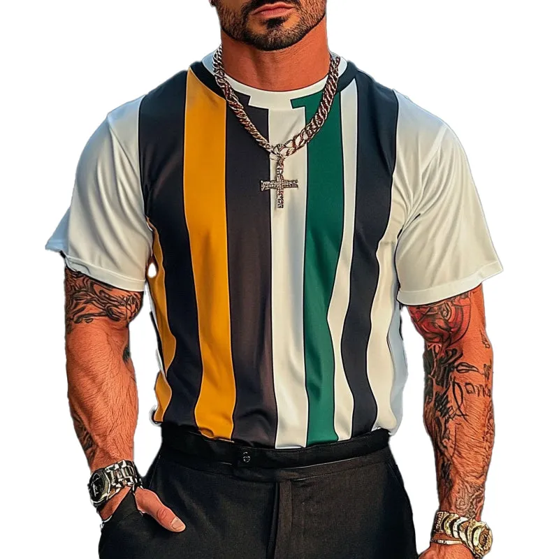 Men's Striped Printed Round Neck Short Sleeve T-Shirt MTA2563C8X sold by Manly