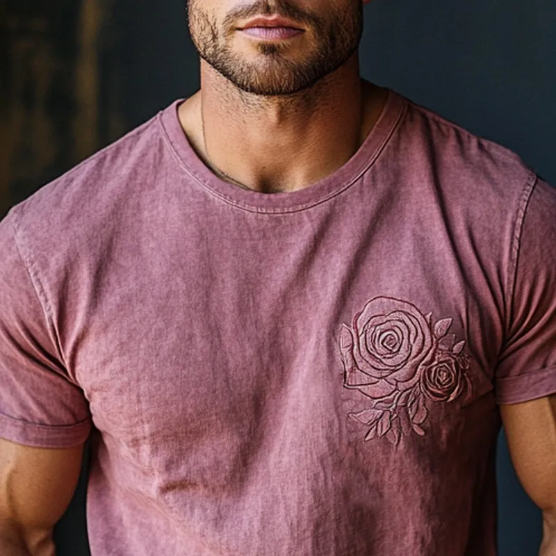 Men's Retro Washed Rose Embroidered Short Sleeve T-Shirt MTA2561C1X sold by Manly product image thumbnail 3