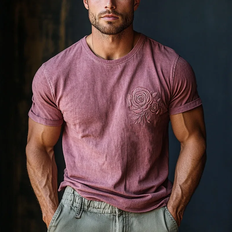 Men's Retro Washed Rose Embroidered Short Sleeve T-Shirt MTA2561C1X sold by Manly product image thumbnail 2