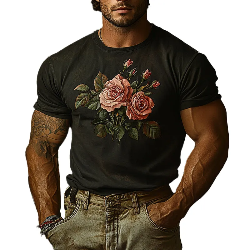 Men's Vintage Distressed Rose Embroidered Short-Sleeved T-Shirt MTA2513C5X sold by Manly