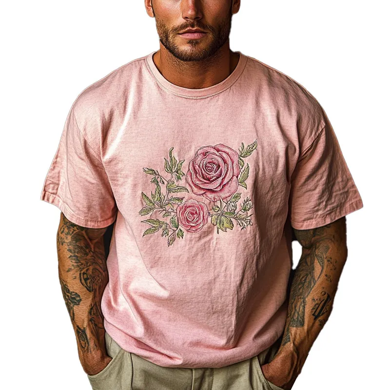 Men's Casual Rose Printed Round Neck Short Sleeve T-Shirt MTA2504C6X sold by Manly