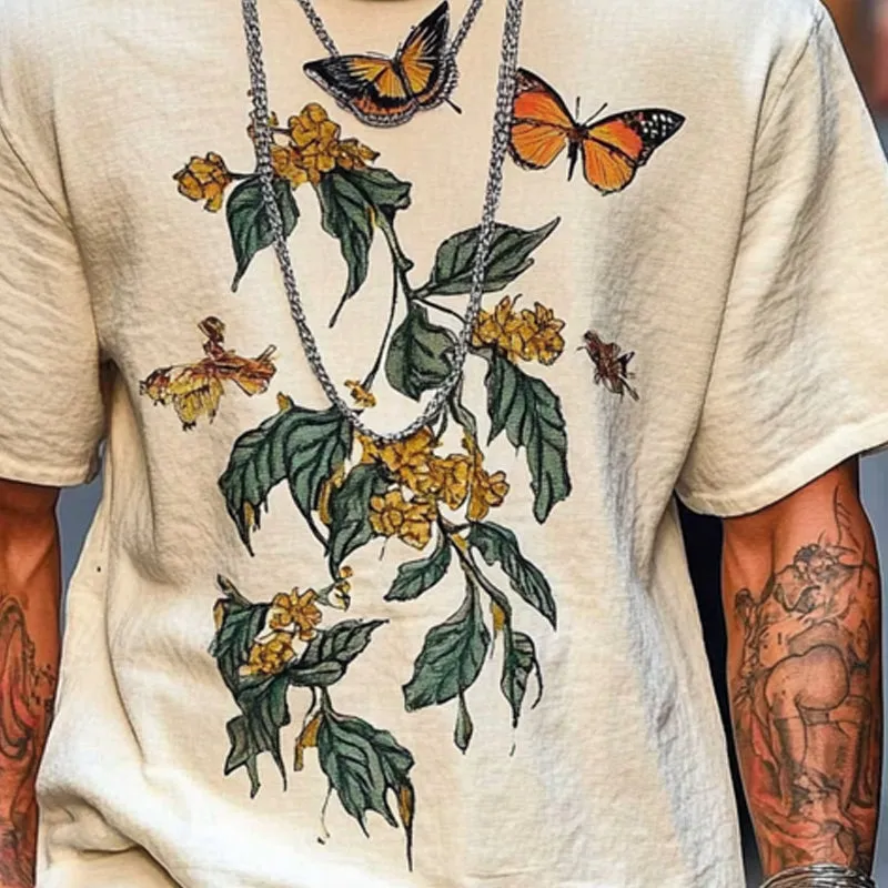 Men's Loose Butterfly Printed Round Neck Short Sleeve T-Shirt MTA2510C7X sold by Manly product image thumbnail 3