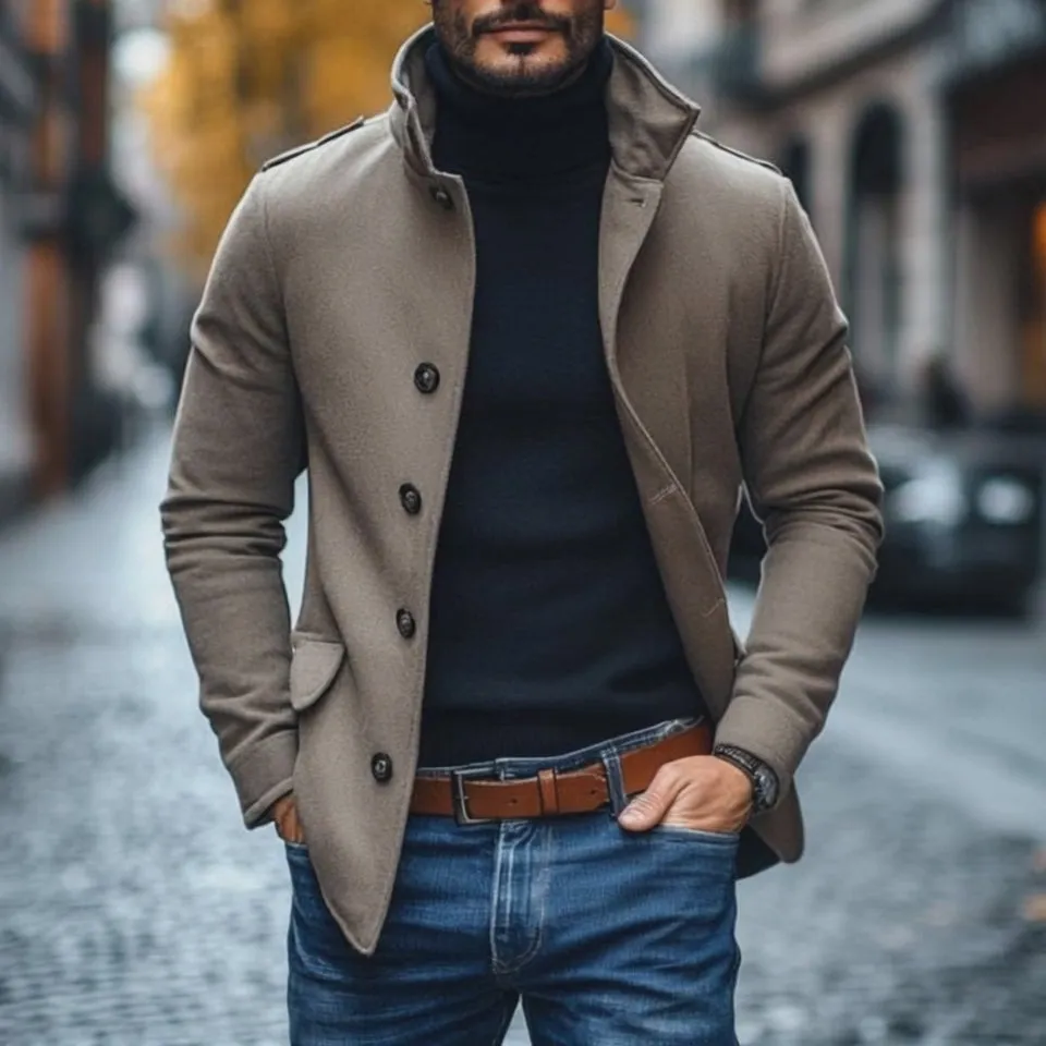 Men's Casual Wool Blend Lapel Single-breasted Slim Short Coat 85856791M sold by Manly product image thumbnail 2