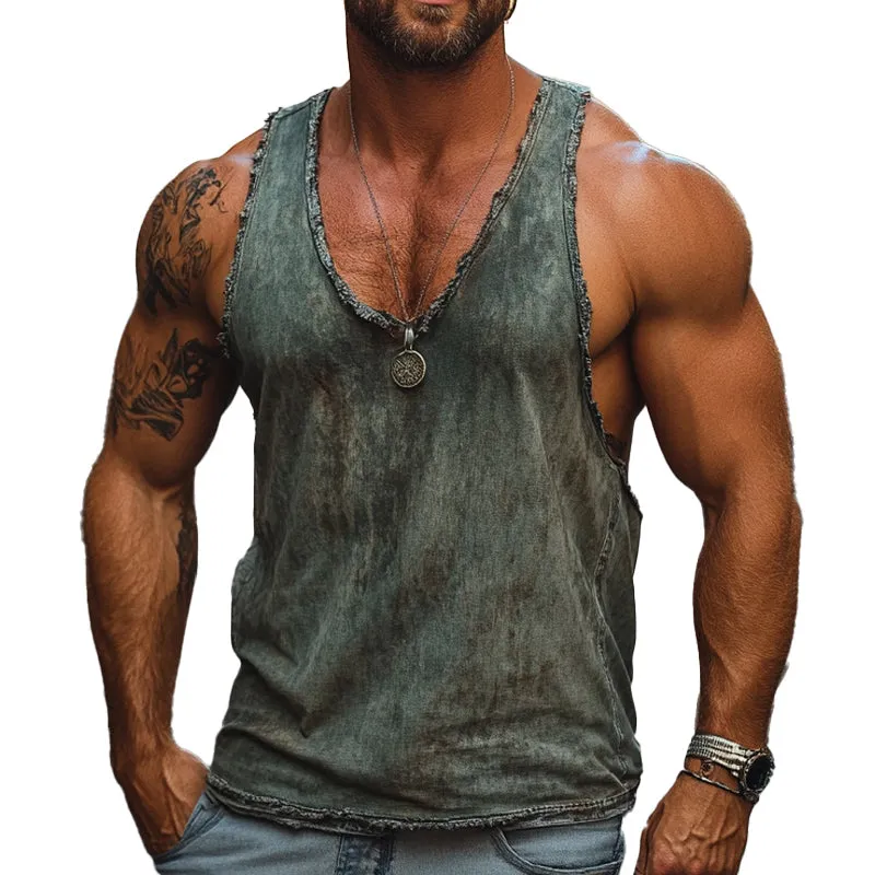 Men's Vintage Distressed Dark Green Casual Tank Top MTA2430C2U sold by Manly