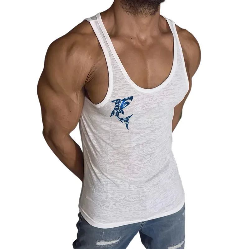 Men's Retro Casual Shark Print Crew Neck Tank Top MTA2759C0TO sold by Manly