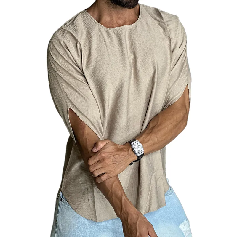 Men's Retro Casual Linen Pleated Round Neck Short Sleeve T-Shirt MTA2771C6TO sold by Manly