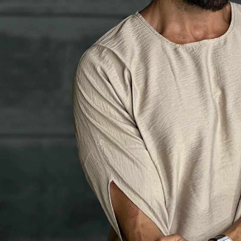 Men's Retro Casual Linen Pleated Round Neck Short Sleeve T-Shirt MTA2771C6TO sold by Manly product image thumbnail 3