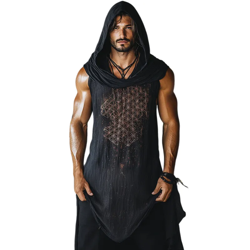 Men's Vintage Casual Linen Flower of Life Printed Hooded Long Sleeveless Shirt MTA2778C2TO sold by Manly