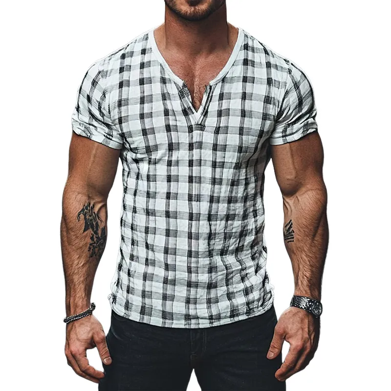 Men's Retro Casual Plaid Print V-Neck Short Sleeve T-Shirt MTA2720C0TO sold by Manly