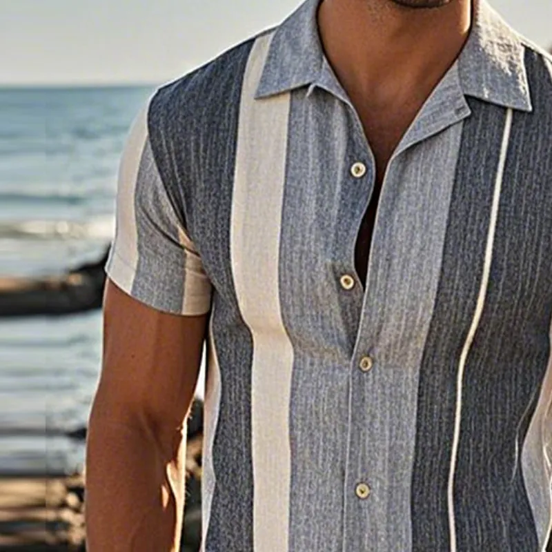 Men's Retro Casual Linen Striped Colorblock Printed Lapel Short Sleeve Shirt MTA2777C7TO sold by Manly product image thumbnail 3