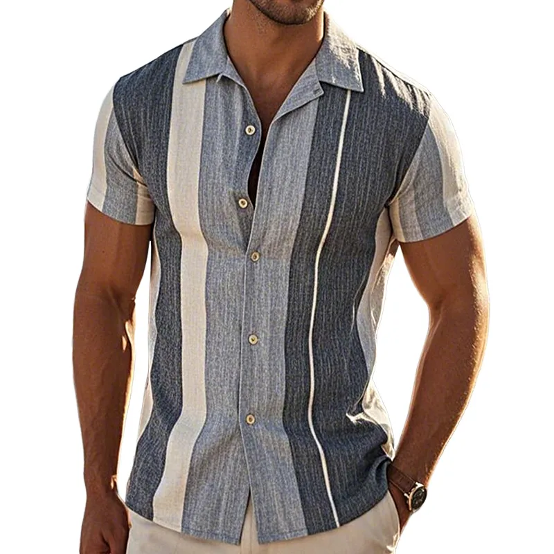 Men's Retro Casual Linen Striped Colorblock Printed Lapel Short Sleeve Shirt MTA2777C7TO sold by Manly