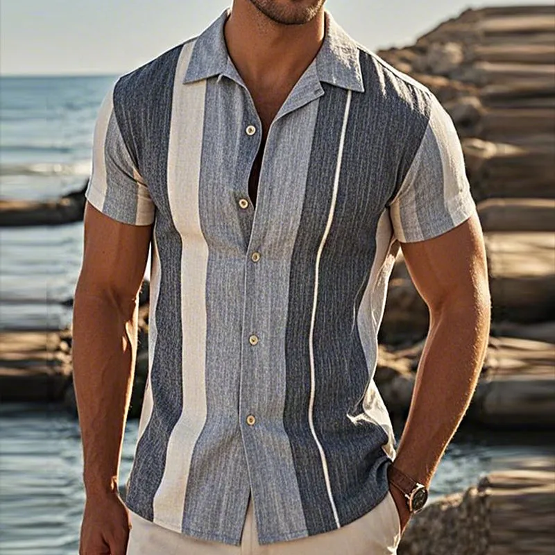 Men's Retro Casual Linen Striped Colorblock Printed Lapel Short Sleeve Shirt MTA2777C7TO sold by Manly product image thumbnail 2