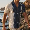 Men's Retro Casual Linen Striped Colorblock Printed Lapel Short Sleeve Shirt MTA2750C2TO sold by Manly