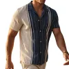 Men's Retro Casual Linen Striped Colorblock Printed Lapel Short Sleeve Shirt MTA2750C2TO sold by Manly