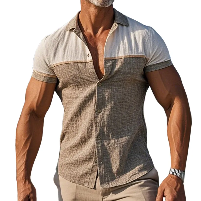 Men's Retro Casual Linen Striped Colorblock Printed Lapel Short Sleeve Shirt MTA2796C1TO sold by Manly