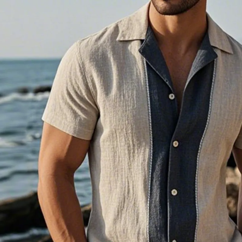 Men's Retro Casual Linen Striped Colorblock Printed Lapel Short Sleeve Shirt MTA2748C6TO sold by Manly product image thumbnail 3