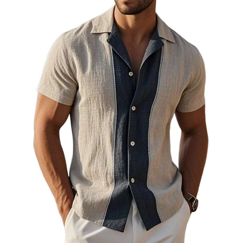 Men's Retro Casual Linen Striped Colorblock Printed Lapel Short Sleeve Shirt MTA2748C6TO sold by Manly
