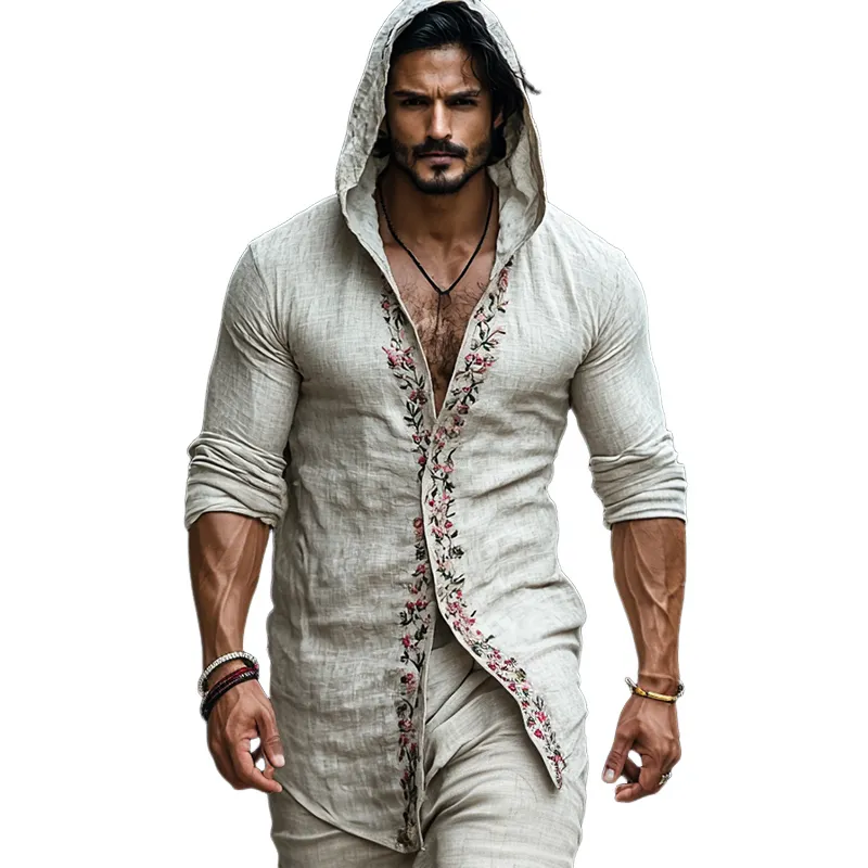 Men's Retro Casual Linen Embroidered Hooded Long Sleeve Shirt MTA2738C7TO sold by Manly