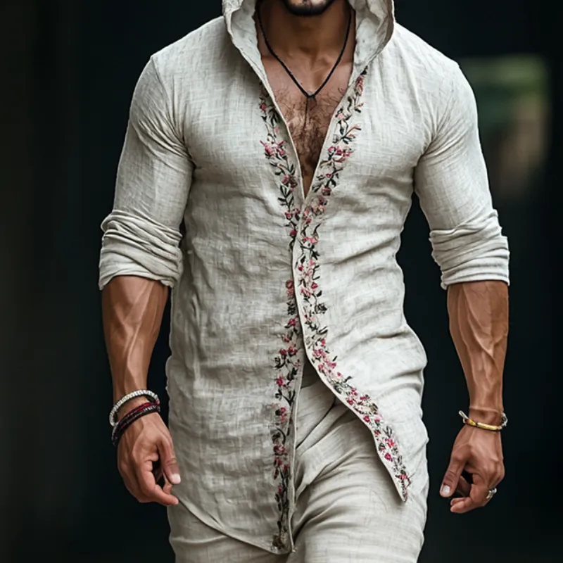 Men's Retro Casual Linen Embroidered Hooded Long Sleeve Shirt MTA2738C7TO sold by Manly product image thumbnail 3