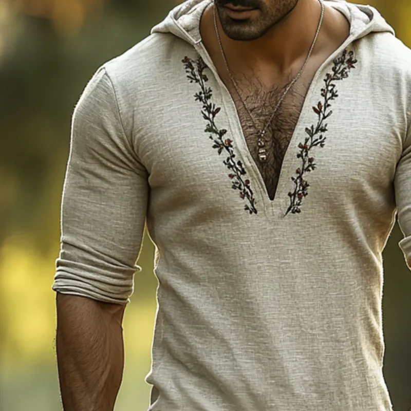 Men's Retro Casual Linen Embroidered Hooded Long Sleeve Shirt MTA2791C9TO sold by Manly product image thumbnail 3