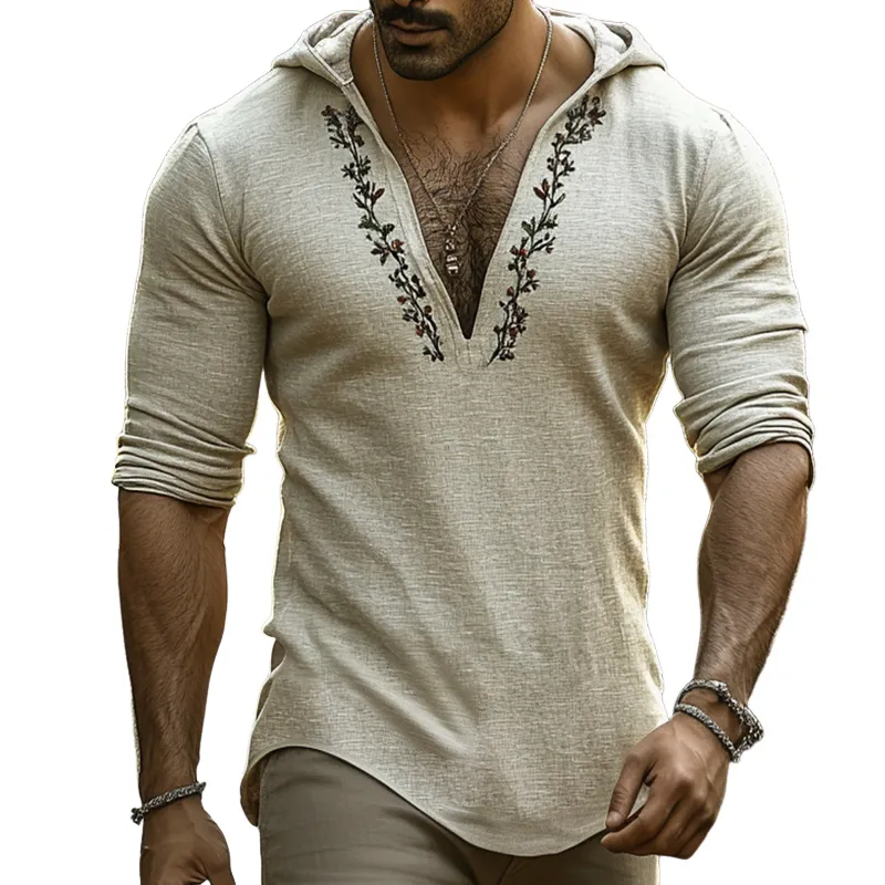 Men's Retro Casual Linen Embroidered Hooded Long Sleeve Shirt MTA2791C9TO sold by Manly