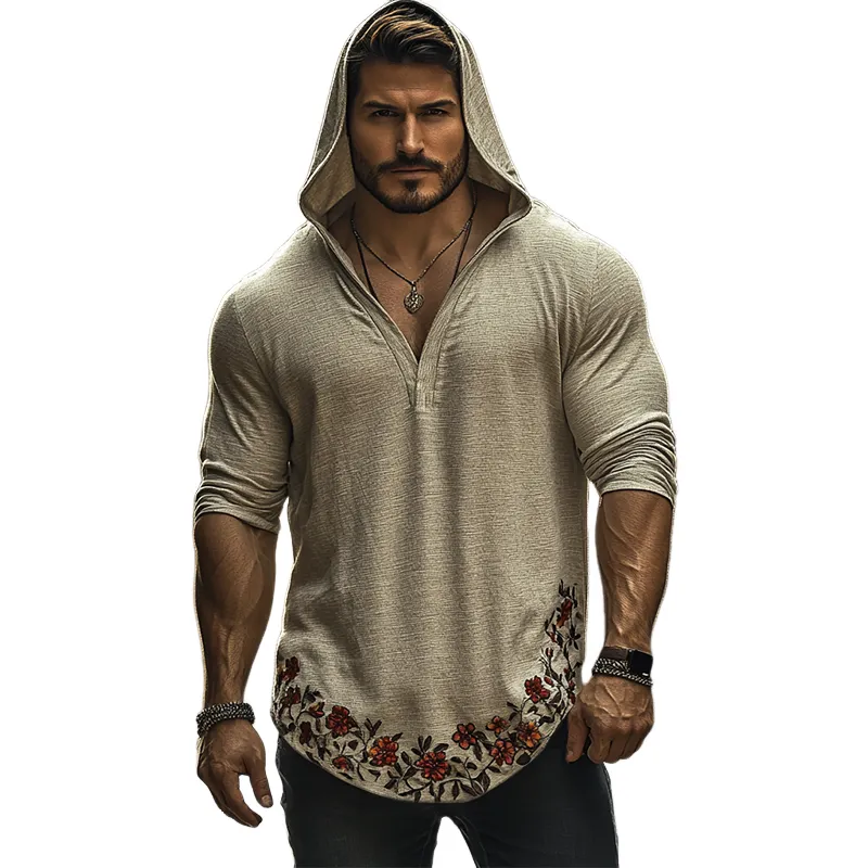 Men's Retro Casual Embroidered Hooded Long Sleeve T-Shirt MTA2747C0TO sold by Manly