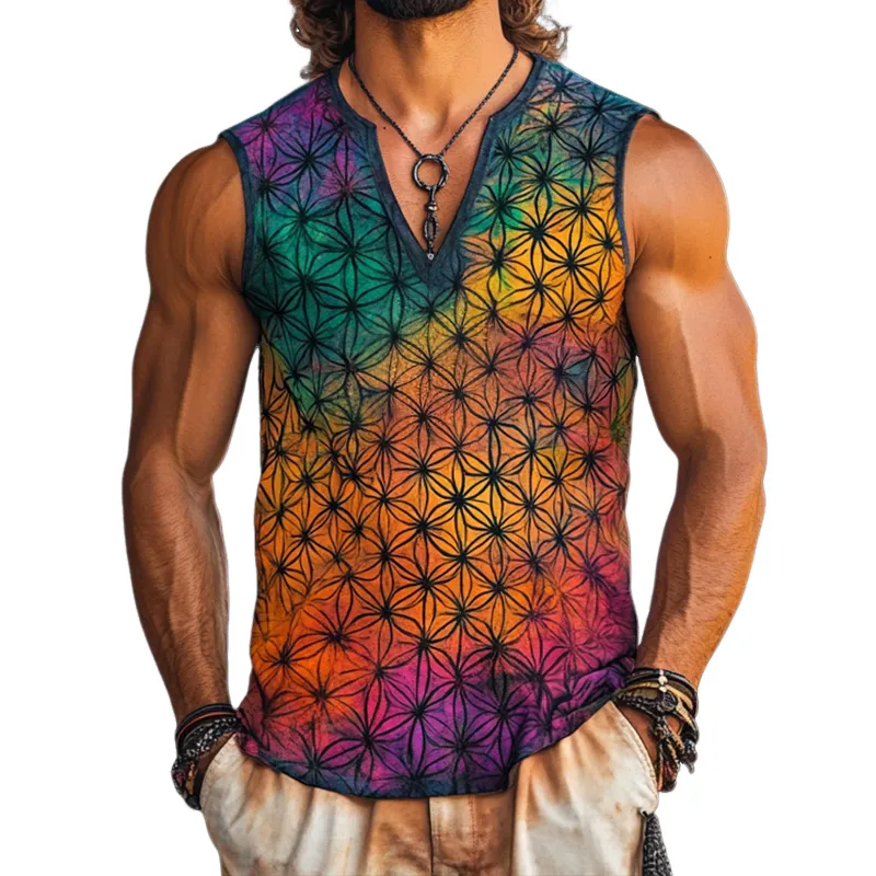 Men's Vintage Casual Flower of Life Printed V-Neck Tank Top MTA2781C1TO made by Manly