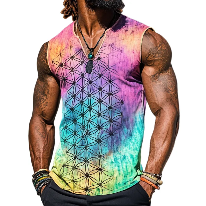 Men's Vintage Casual Flower of Life Printed V-Neck Tank Top MTA2768C3TO sold by Manly